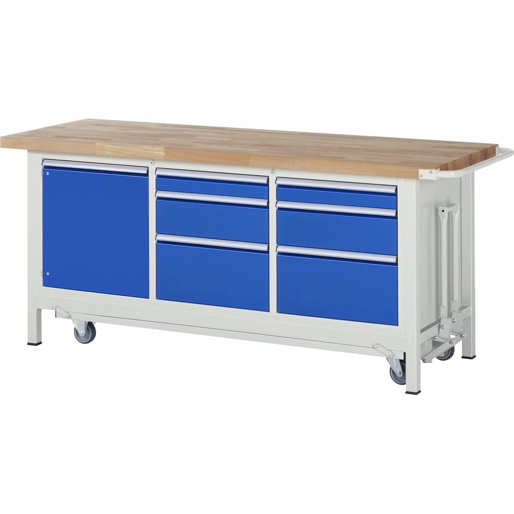 Productafbeelding nr. 1: RAU werkbank met dolly serie 8000, h x b x d 880 x 2.000 x 700 mm, 1 driedubbele onderbouwkast, met 6 lades en 1 openslaande deur