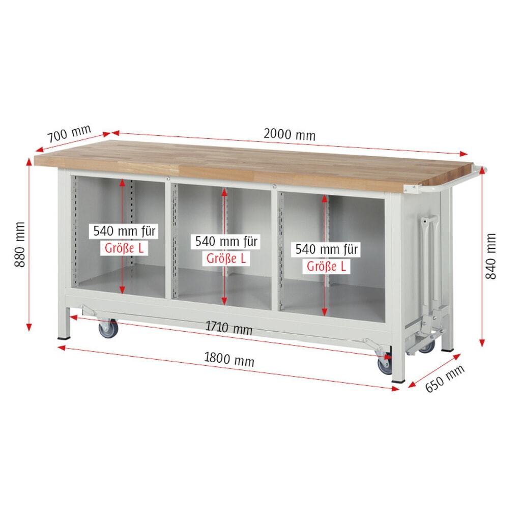 Productafbeelding nr. 8: Werkbank RAU serie 8000 met neerlaatbaar onderstel, 1 driedubbele kast, hxbxd 880 x 2.000 x 700 mm, 4 x voor 90% uittrekbare lades, 1 legbord