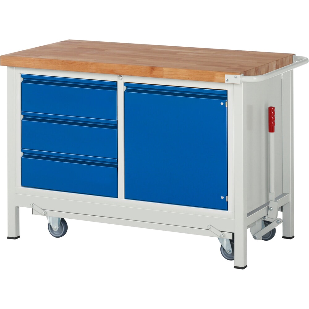 Product afbeelding: Werkbank RAU serie 8000 met neerlaatbaar onderstel, 1 dubbele kast, hxbxd 880 x 1.250 x 700 mm, 3 x voor 90% uittrekbare lades, 1 draaideur, 1 legbord
