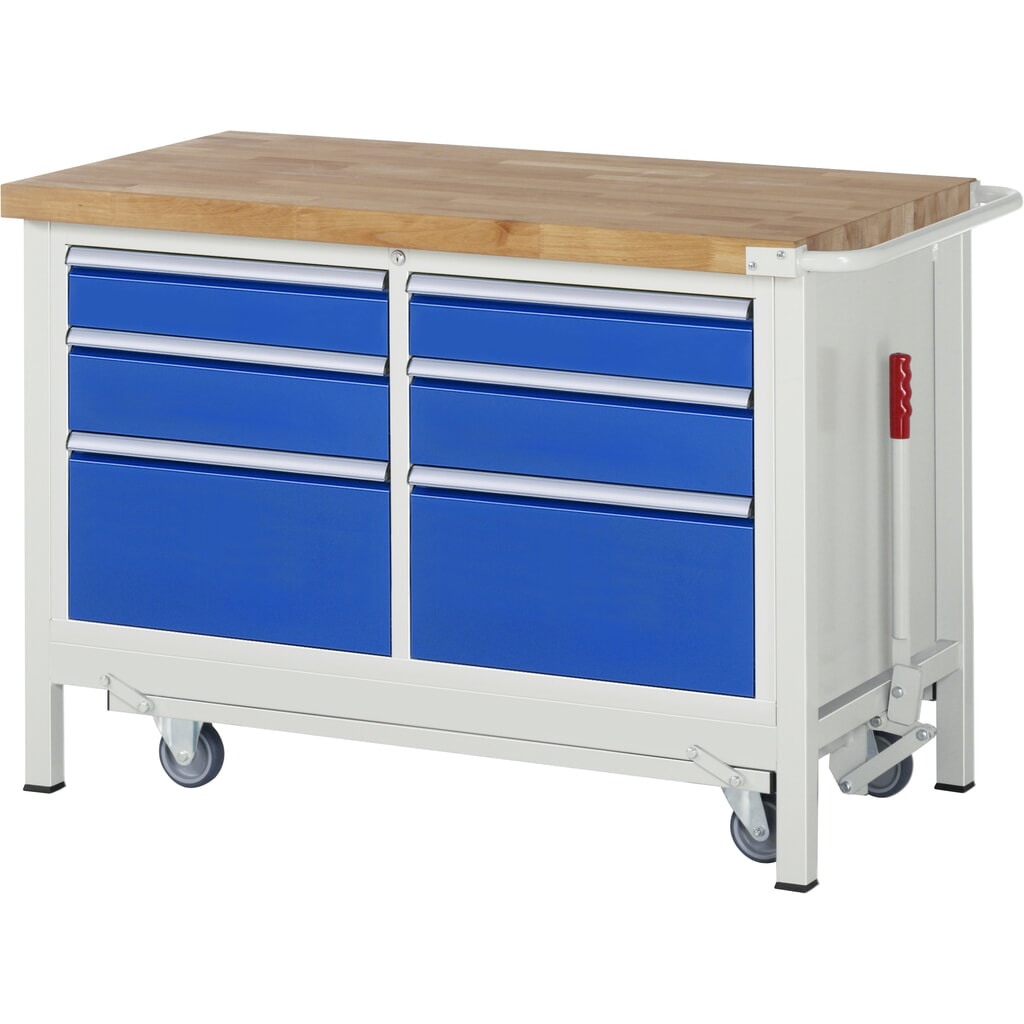 RAU werkbank met dolly serie 8000, h x b x d 880 x 1.250 x 700 mm, 1 dubbele onderbouwkast, met 6 lades Product afbeelding: RAU werkbank met dolly serie 8000, h x b x d 880 x 1.250 x 700 mm, 1 dubbele onderbouwkast, met 6 lades