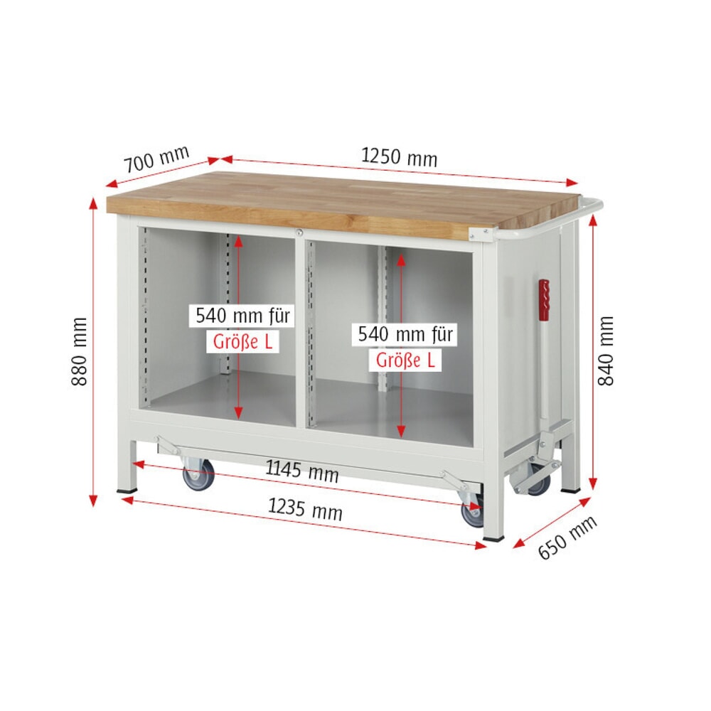 Productafbeelding nr. 10: Werkbank RAU serie 8000 met neerlaatbaar onderstel, 1 dubbele kast, hxbxd 880 x 1.250 x 700 mm, 2 lades 2 x 180 mm, 1 draaideur