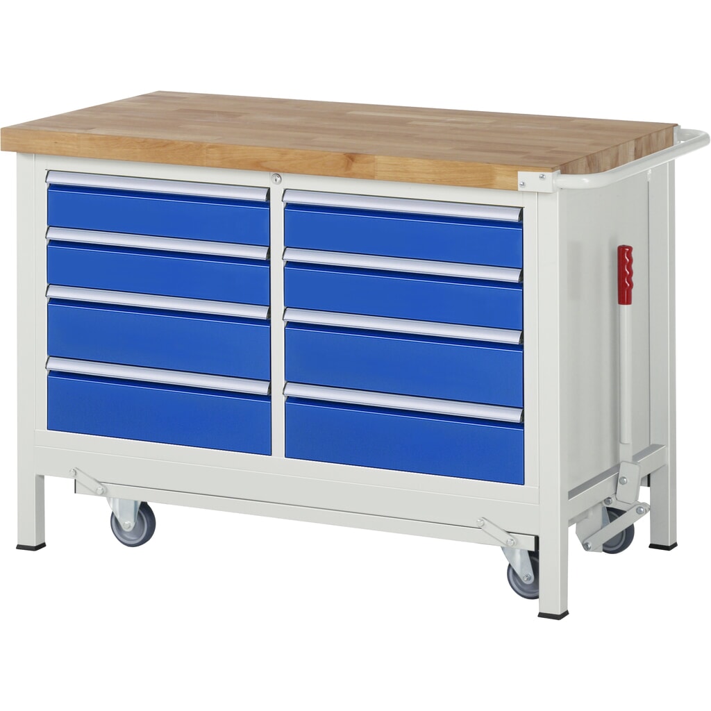 RAU werkbank met dolly serie 8000, h x b x d 880 x 1.250 x 700 mm, 1 dubbele onderbouwkast, met 8 lades Product afbeelding: RAU werkbank met dolly serie 8000, h x b x d 880 x 1.250 x 700 mm, 1 dubbele onderbouwkast, met 8 lades