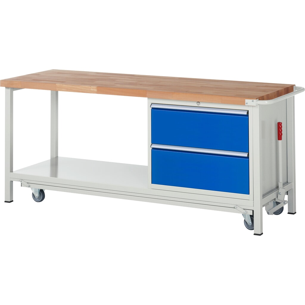 Werkbank RAU serie 8000 met neerlaatbaar onderstel, 1 kast, 1 legbord, hxbxd 880 x 2.000 x 700 mm, 2 x voor 100% uittrekbare lades Product afbeelding: Werkbank RAU serie 8000 met neerlaatbaar onderstel, 1 kast, 1 legbord, hxbxd 880 x 2.000 x 700 mm, 2 x voor 100% uittrekbare lades