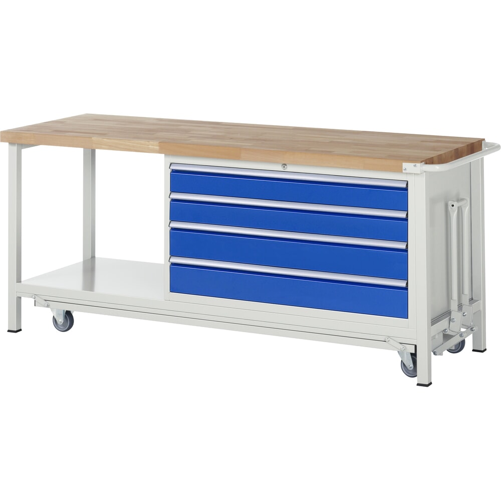 Product afbeelding: Werkbank RAU serie 8000 met neerlaatbaar onderstel, 1 kast, 1 legbord, hxbxd 880 x 2.000 x 700 mm, 4 lades, draagvermogen lade 50 kg