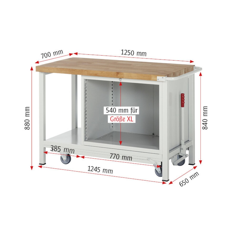 Productafbeelding nr. 8: Werkbank RAU serie 8000 met neerlaatbaar onderstel, 1 kast, 1 legbord, hxbxd 880 x 1.250 x 700 mm, 2 x voor 90% uittrekbare lades
