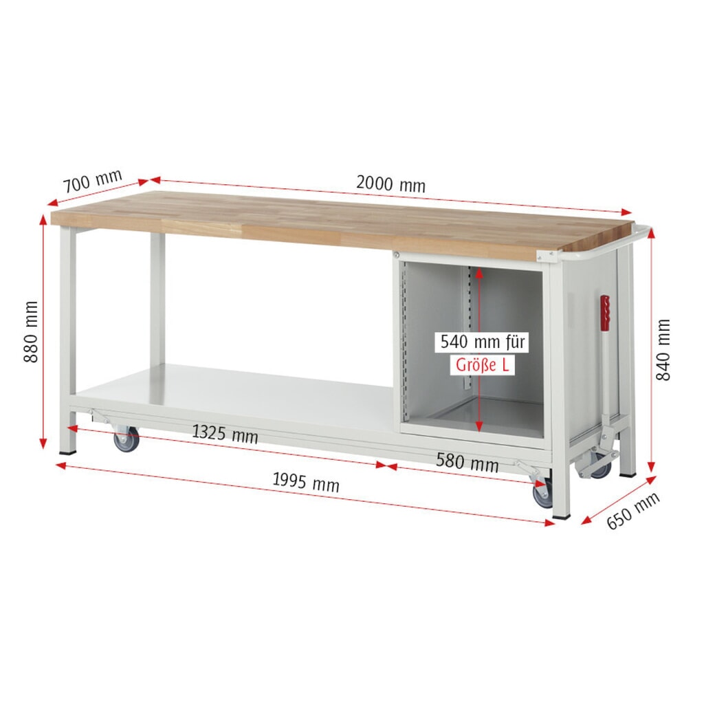 Productafbeelding nr. 9: Werkbank RAU serie 8000 met neerlaatbaar onderstel, 1 kast, 1 legbord, hxbxd 880 x 2.000 x 700 mm, 5 x voor 100% uittrekbare lades, draagvermogen lade 100 kg
