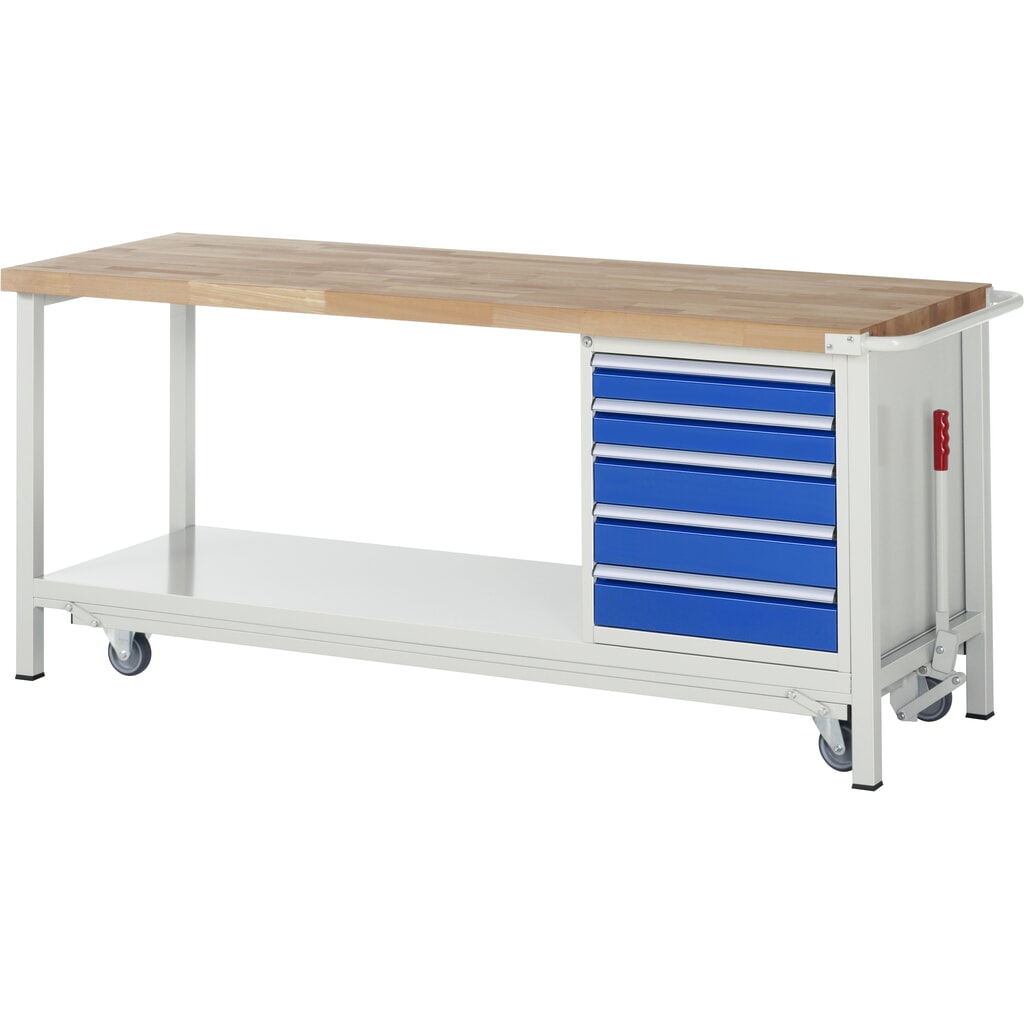 Product afbeelding: Werkbank RAU serie 8000 met neerlaatbaar onderstel, 1 kast, 1 legbord, hxbxd 880 x 2.000 x 700 mm, 5 x voor 100% uittrekbare lades, draagvermogen lade 100 kg