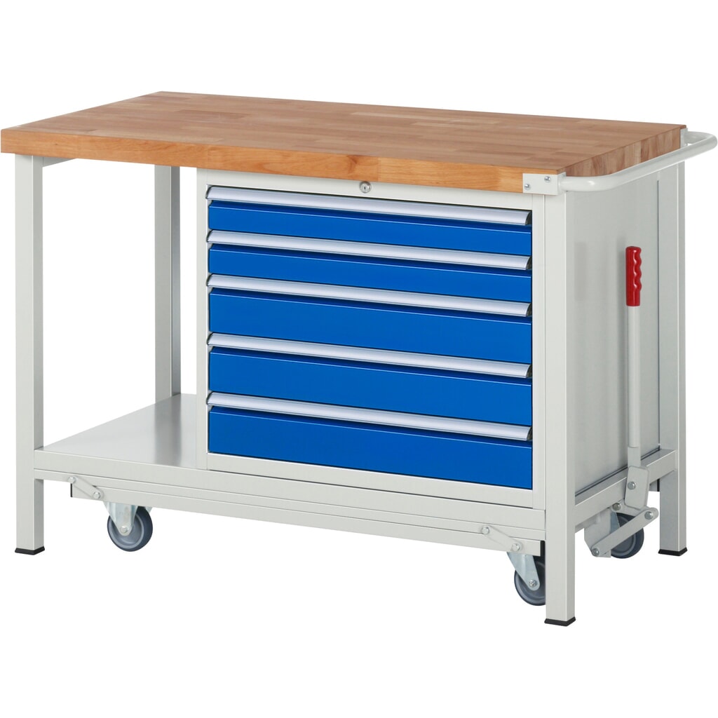 Product afbeelding: Werkbank RAU serie 8000 met neerlaatbaar onderstel, 1 kast, 1 legbord, hxbxd 880 x 1.250 x 700 mm, 5 x voor 100% uittrekbare lades, draagvermogen lade 75 kg