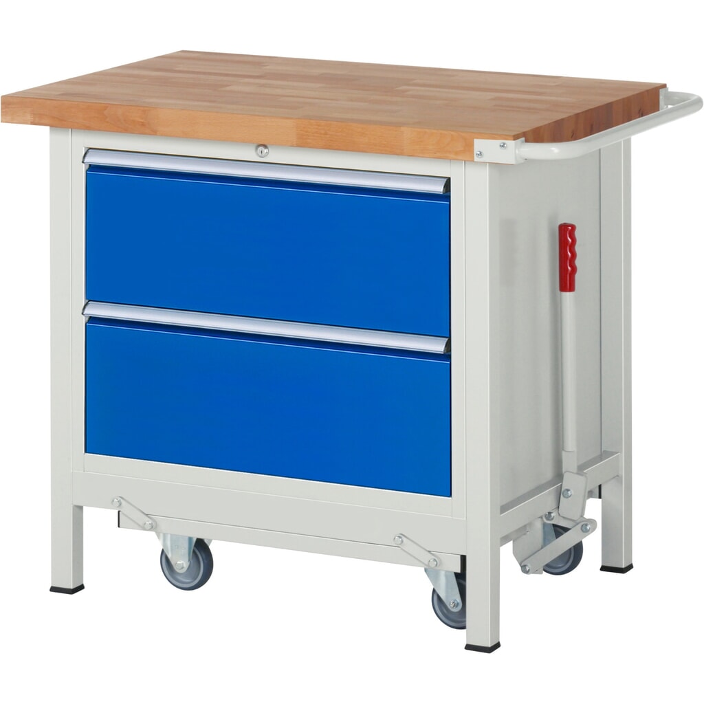 Werkbank RAU serie 8000 met neerlaatbaar onderstel, 1 kast, hxbxd 880 x 1.000 x 700 mm, 2 x voor 90% uittrekbare lades, draagvermogen lade 75 kg Product afbeelding: Werkbank RAU serie 8000 met neerlaatbaar onderstel, 1 kast, hxbxd 880 x 1.000 x 700 mm, 2 x voor 90% uittrekbare lades, draagvermogen lade 75 kg