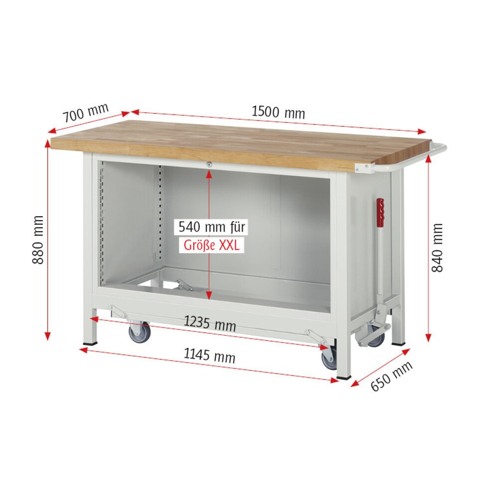 Productafbeelding nr. 9: Werkbank RAU serie 8000 met neerlaatbaar onderstel, 1 kast, hxbxd 880 x 1.500 x 700 mm, 4 lades, draagvermogen lade 50 kg