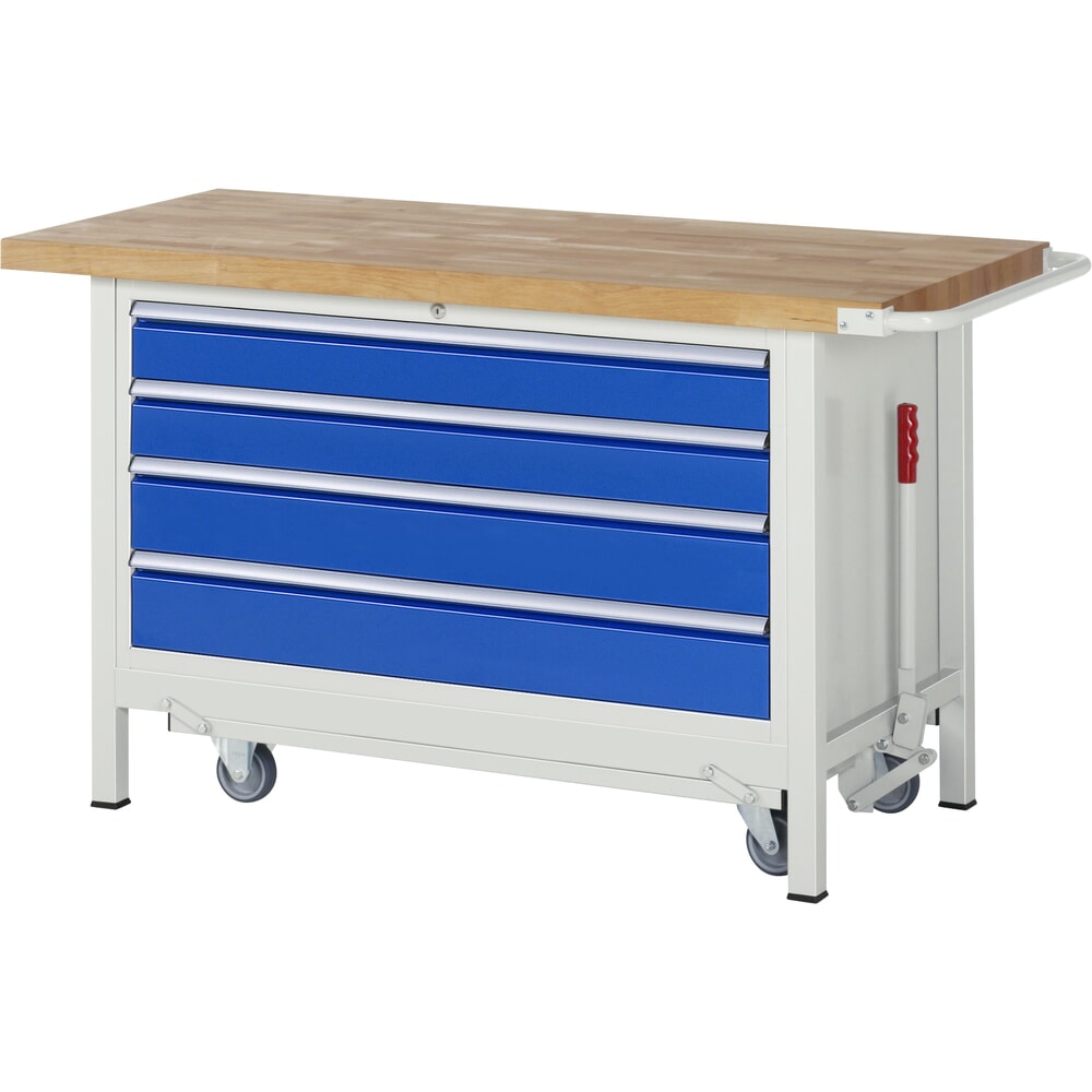 Product afbeelding: Werkbank RAU serie 8000 met neerlaatbaar onderstel, 1 kast, hxbxd 880 x 1.500 x 700 mm, 4 lades, draagvermogen lade 50 kg