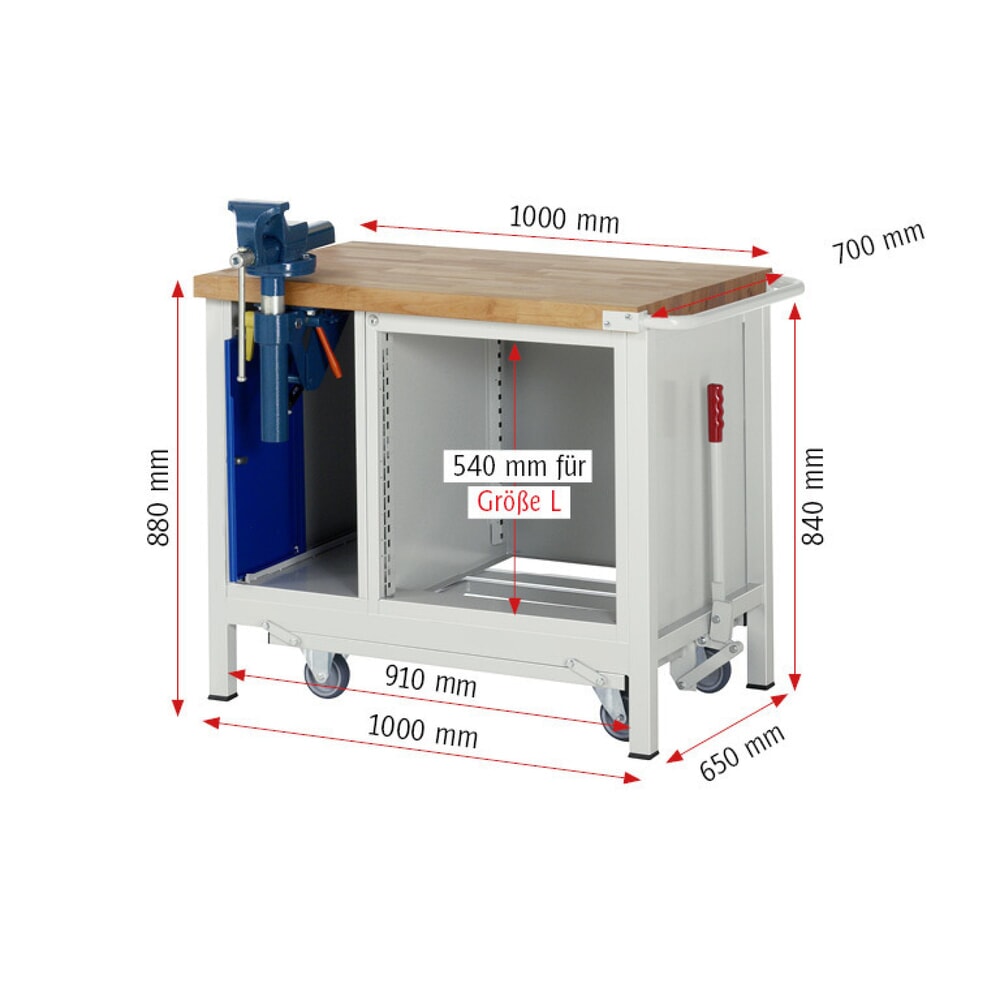Productafbeelding nr. 15: Werkbank RAU serie 8000 met neerlaatbaar onderstel, 2 kasten, hxbxd 880 x 1.000 x 700 mm, 5 lades 2 x 90 mm, 3 x 120 mm