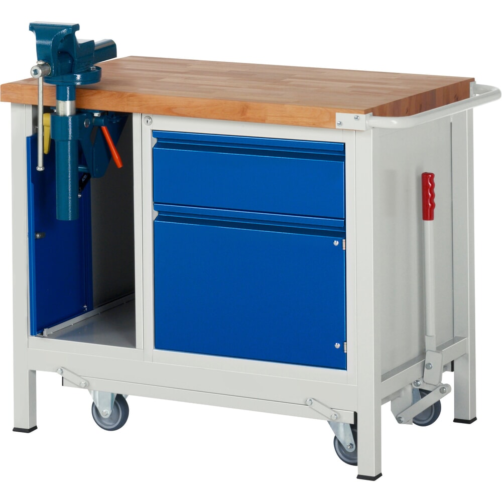 Productafbeelding nr. 1: Werkbank RAU serie 8000 met neerlaatbaar onderstel, 2 kasten, 1 legbord, hxbxd 880 x 1.000 x 700 mm, 1 x voor 90% uittrekbare lades, 1 draaideur