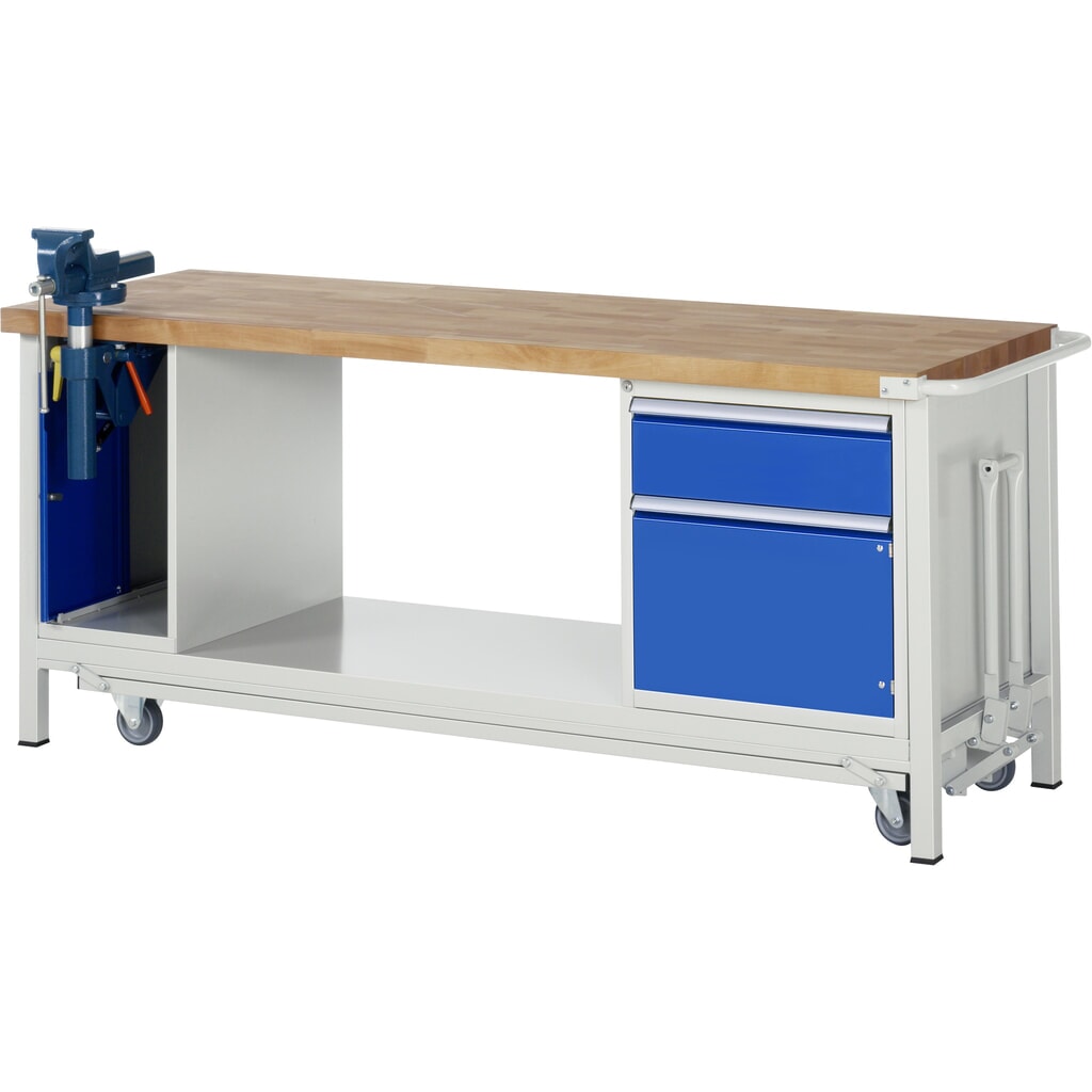 Product afbeelding: Werkbank RAU serie 8000 met neerlaatbaar onderstel, 2 kasten, 1 legbord, hxbxd 880 x 2.000 x 700 mm, 1 lade