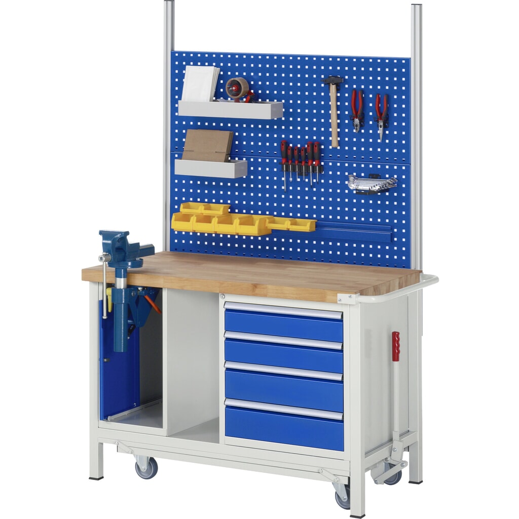 Productafbeelding nr. 13: Werkbank RAU serie 8000 met neerlaatbaar onderstel, 2 kasten, 1 legbord, hxbxd 880 x 1.250 x 700 mm, 5 x voor 90% uittrekbare lades