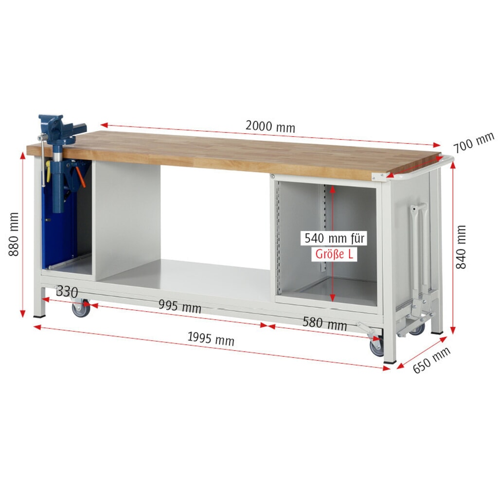 Productafbeelding nr. 16: Werkbank RAU serie 8000 met neerlaatbaar onderstel, 2 kasten, 1 legbord, hxbxd 880 x 2.000 x 700 mm, 1 lade