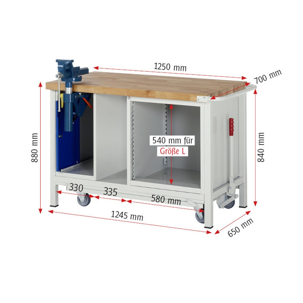 Productafbeelding nr. 14: Werkbank RAU serie 8000 met neerlaatbaar onderstel, 2 kasten, 1 legbord, hxbxd 880 x 1.250 x 700 mm, 5 x voor 90% uittrekbare lades