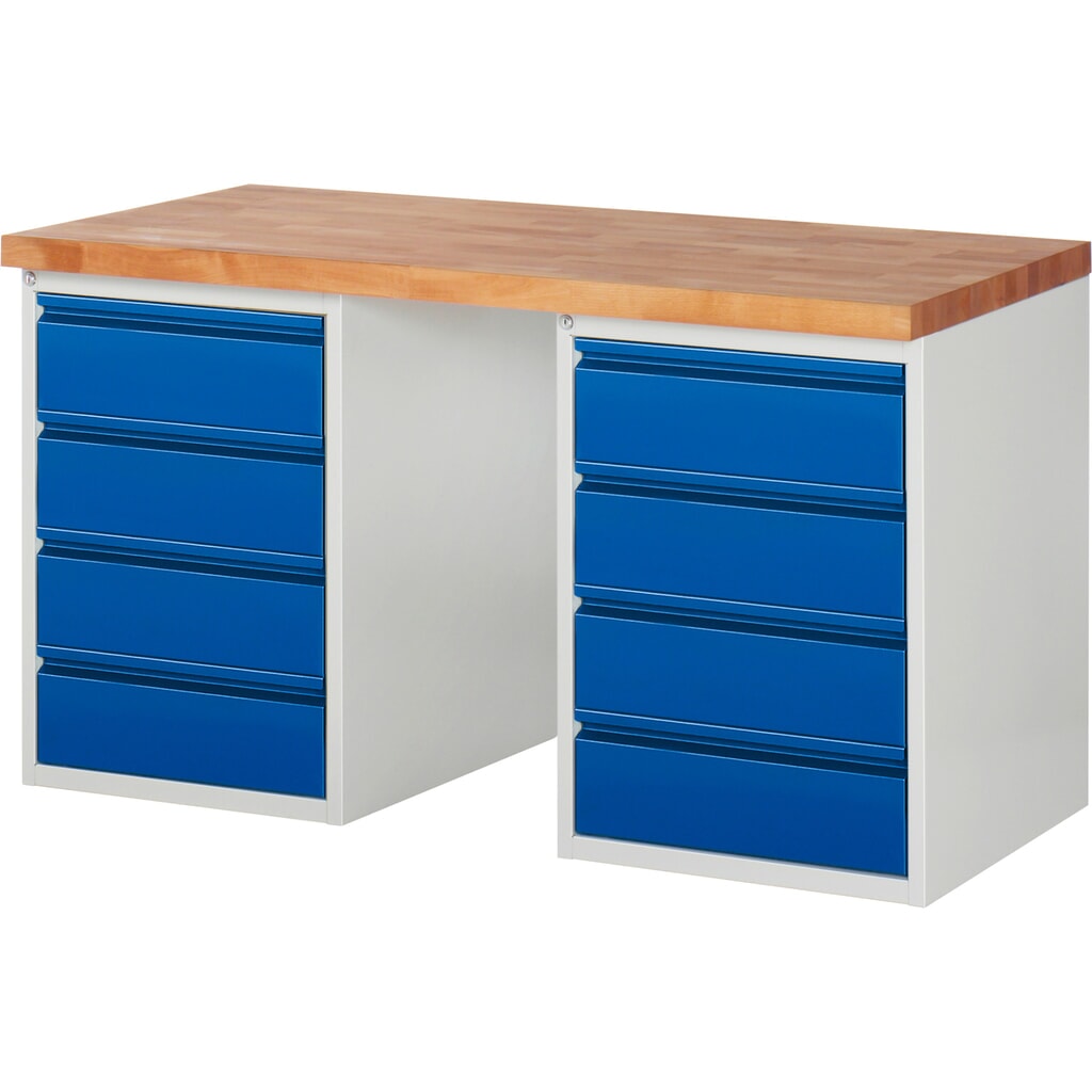Werkbank Steinbock®, met 2 x 4 lades, hxbxd 840 x 1.500 x 700 mm, RAL 7035 / 5010 Product afbeelding: Werkbank Steinbock®, met 2 x 4 lades, hxbxd 840 x 1.500 x 700 mm, RAL 7035 / 5010