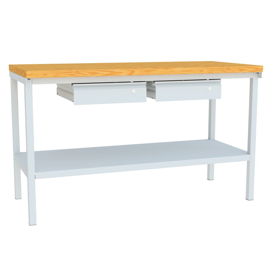 Werkbanktafel PAVOY met 2 lades + aflegvlak, hxbxd 900 x 1.500 x 700 mm, lichtgrijs, lichtgrijs Product afbeelding: Werkbanktafel PAVOY met 2 lades + aflegvlak, hxbxd 900 x 1.500 x 700 mm, lichtgrijs, lichtgrijs