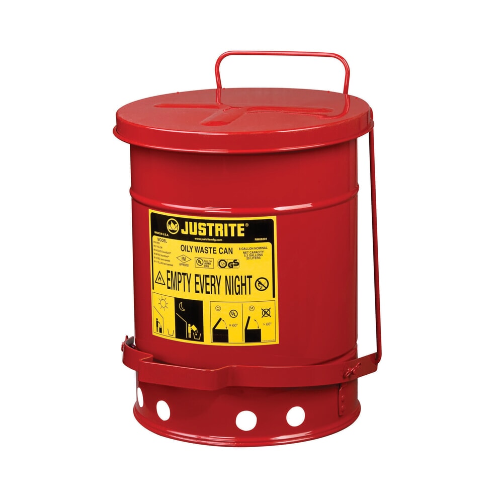 Product afbeelding: Justrite werkbankverzamelbak SoundGuard™, voetpedaal, rood, 20 liter