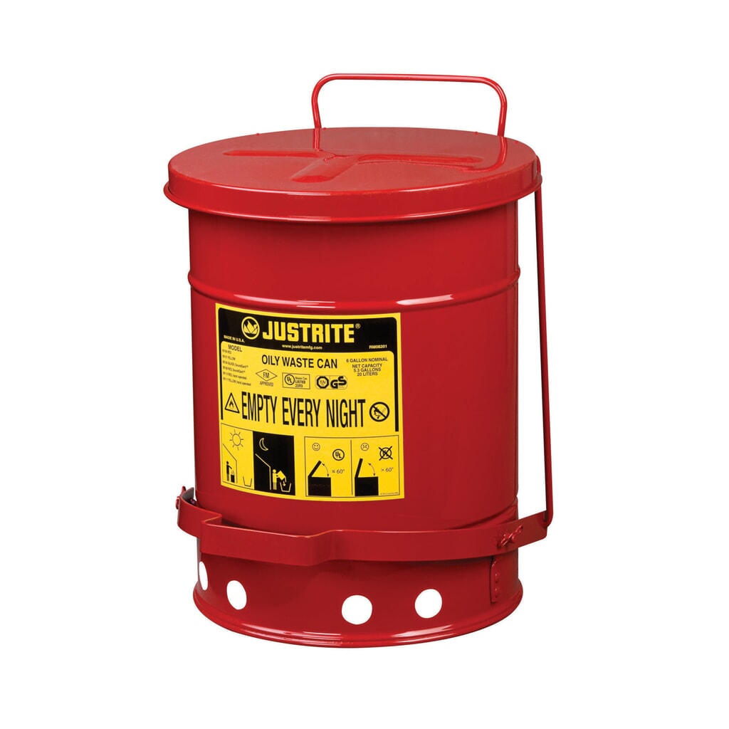Justrite werkbankverzamelbak SoundGuard™, voetpedaal, rood, 20 liter Product afbeelding: Justrite werkbankverzamelbak SoundGuard™, voetpedaal, rood, 20 liter