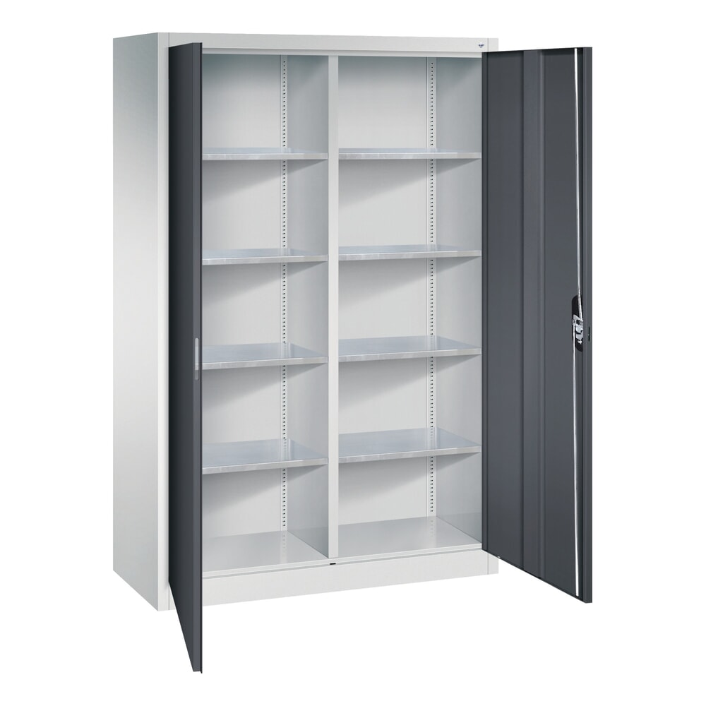 Product afbeelding: Werkplaatsdraaideurkast C+P met centrale wand + 8 legborden, hxbxd 1.950 x 1.200 x 500 mm, lichtgrijs, zwartgrijs