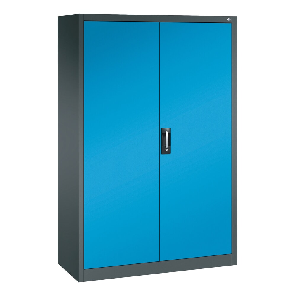 Product afbeelding: Werkplaatsdraaideurkast C+P met centrale wand + 8 legborden, hxbxd 1.950 x 1.200 x 500 mm, antracietgrijs, lichtblauw