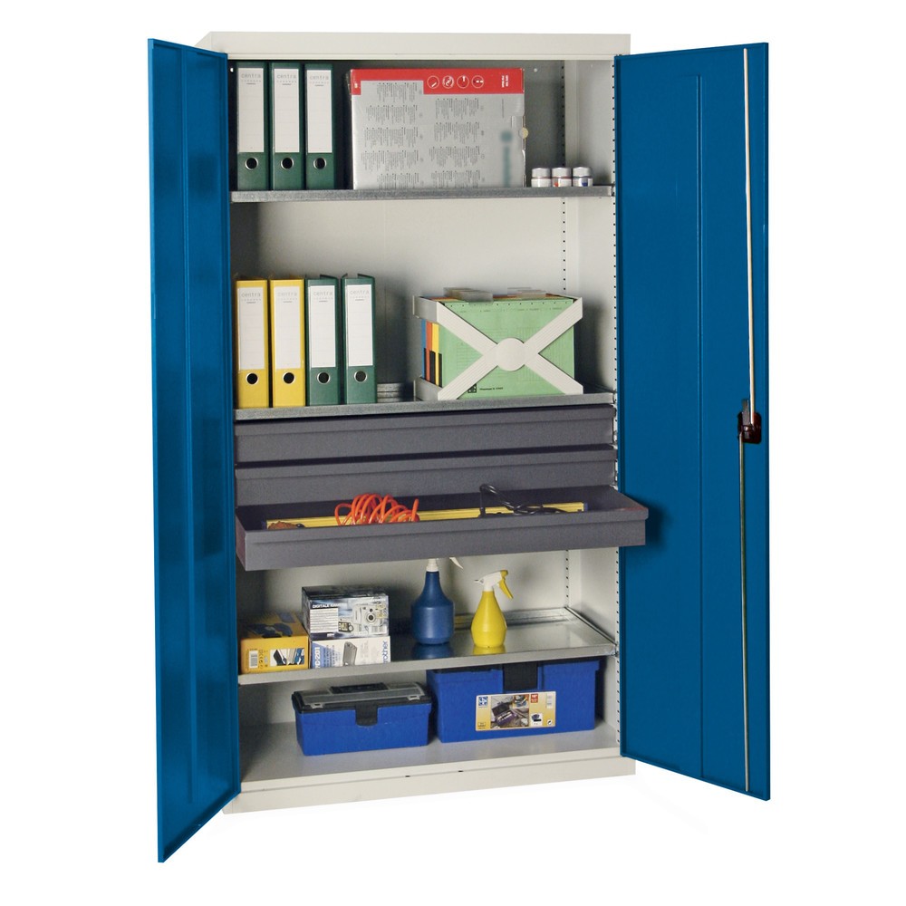 Product afbeelding: Werkplaatsdraaideurkast stumpf® met 3 laden + 3 bakken, hxbxd 1.800 x 1.000 x 500 mm, lichtgrijs/gentiaanblauw