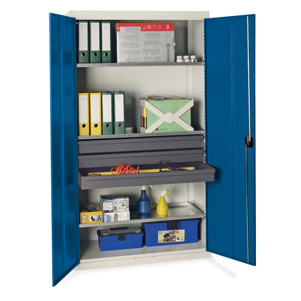 Werkplaatsdraaideurkast stumpf® met 3 laden + 3 bakken, hxbxd 1.800 x 1.000 x 500 mm, lichtgrijs/gentiaanblauw Product afbeelding: Werkplaatsdraaideurkast stumpf® met 3 laden + 3 bakken, hxbxd 1.800 x 1.000 x 500 mm, lichtgrijs/gentiaanblauw