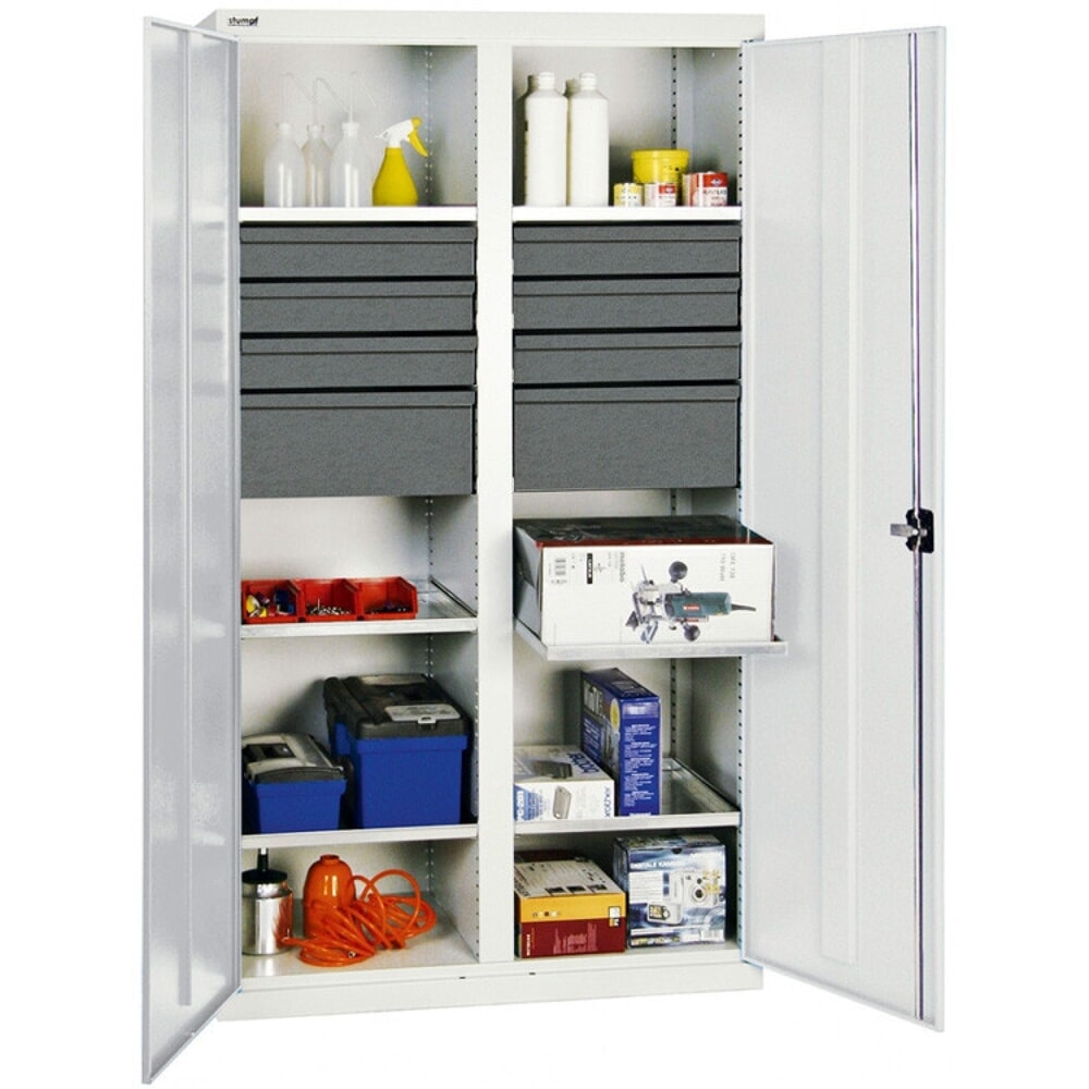 Product afbeelding: Werkplaatsdraaideurkast stumpf® met 14 laden + 4 bakken + scheidingswand, hxbxd 1.800 x 1.000 x 500 mm, lichtgrijs