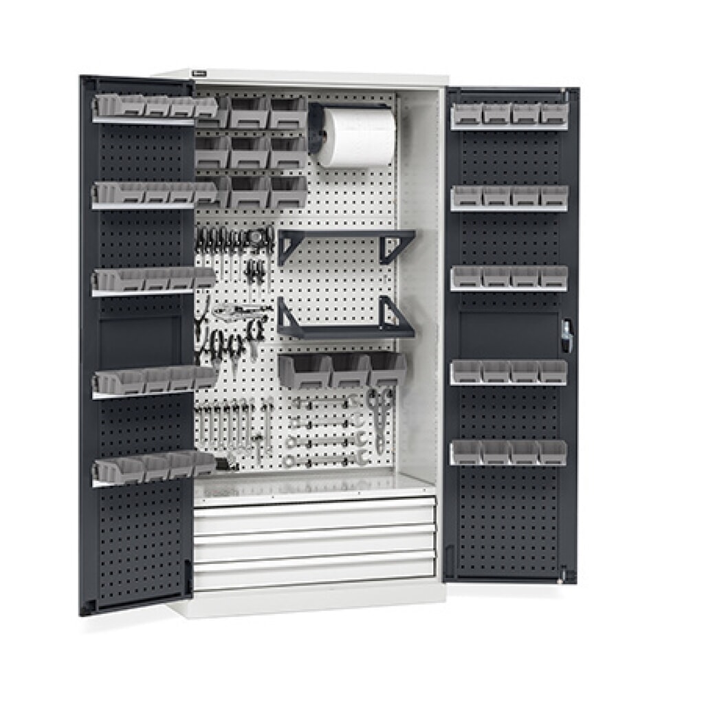 Product afbeelding: Werkplaatskast Fami PERFOM, 4 geperforeerde legborden, 3 lades, geperforeerde platen voor deur, bakken, hxbxd 2.000 x 1.023 x 726 mm, lichtgrijs, antraciet