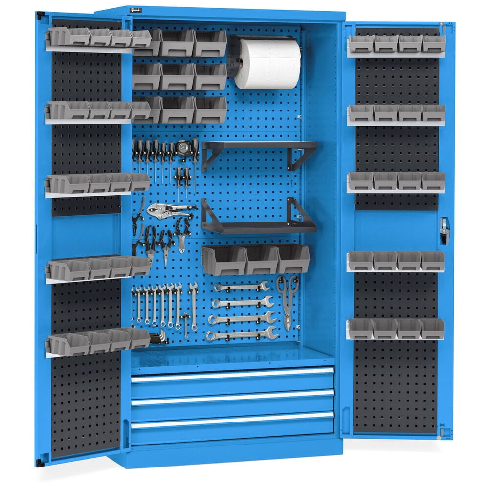 Productafbeelding nr. 1: Werkplaatskast Fami PERFOM, 4 geperforeerde legborden, 3 lades, geperforeerde platen voor deur, bakken, hxbxd 2.000 x 1.023 x 726 mm, lichtblauw