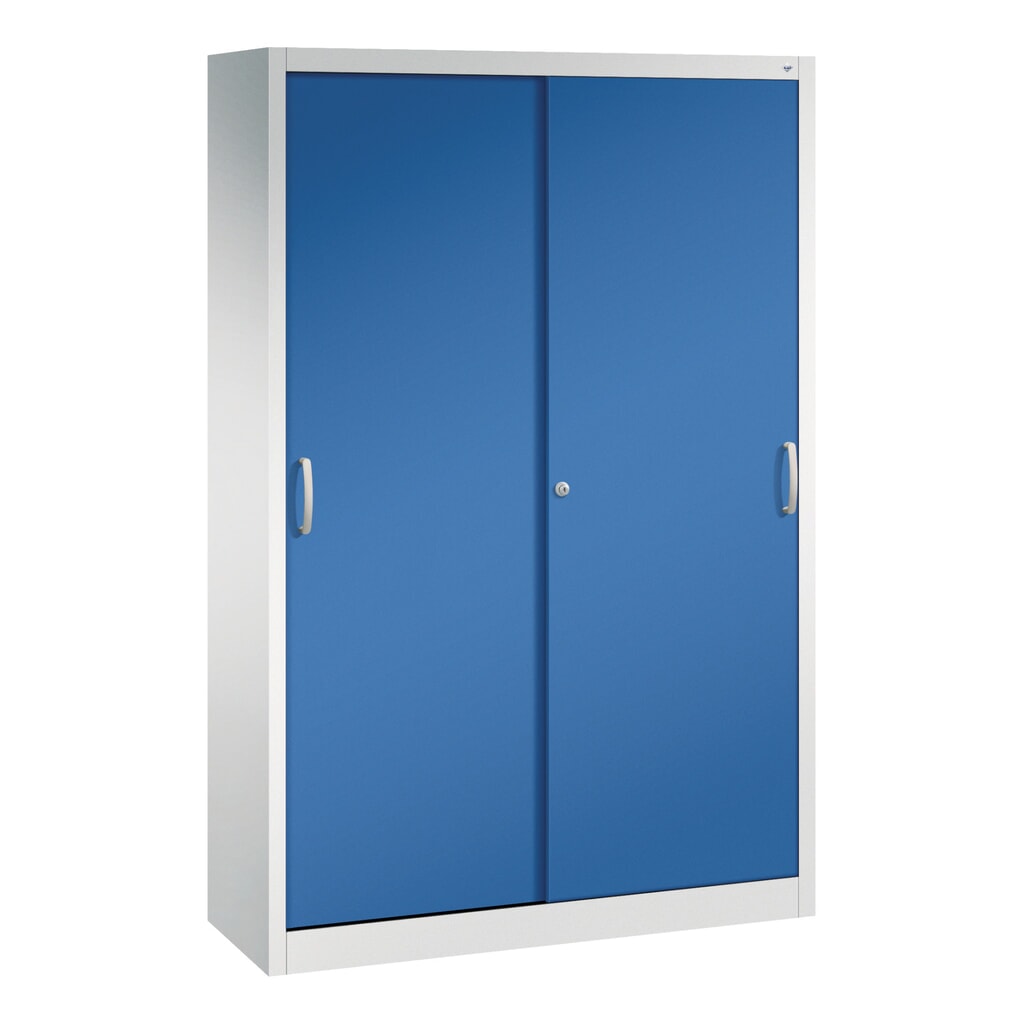 Product afbeelding: Werkplaatsschuifdeurkast C+P met 4 legborden, hxbxd 1.950 x 1.200 x 400 mm, lichtgrijs, gentiaanblauw