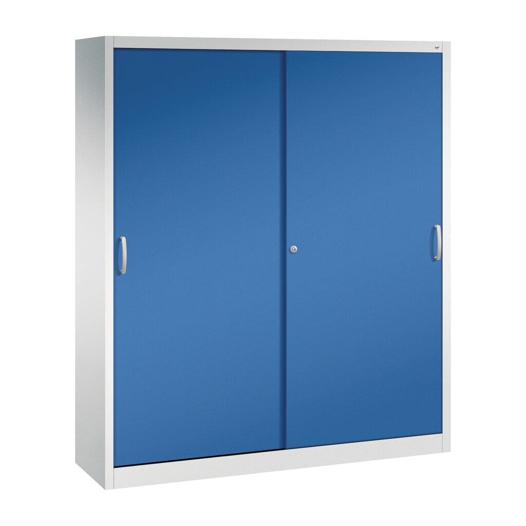 Product afbeelding: Werkplaatsschuifdeurkast C+P met 8 legborden, hxbxd 1.950 x 1.600 x 400 mm, scheidingswand, lichtgrijs, gentiaanblauw