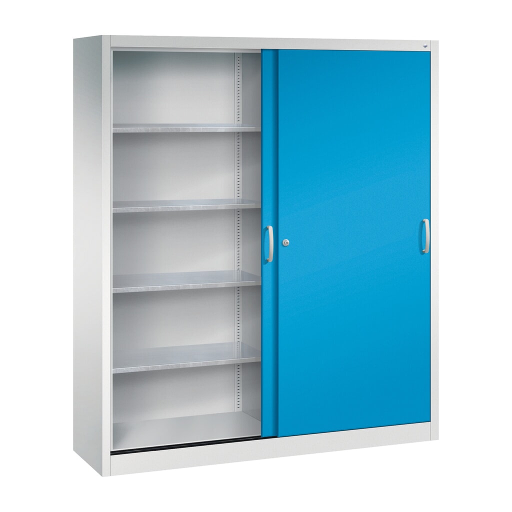 Werkplaatsschuifdeurkast C+P met 8 legborden, hxbxd 1.950 x 1.600 x 400 mm, scheidingswand, lichtgrijs, lichtblauw Productafbeelding nr. 3: Werkplaatsschuifdeurkast C+P met 8 legborden, hxbxd 1.950 x 1.600 x 400 mm, scheidingswand, lichtgrijs, lichtblauw
