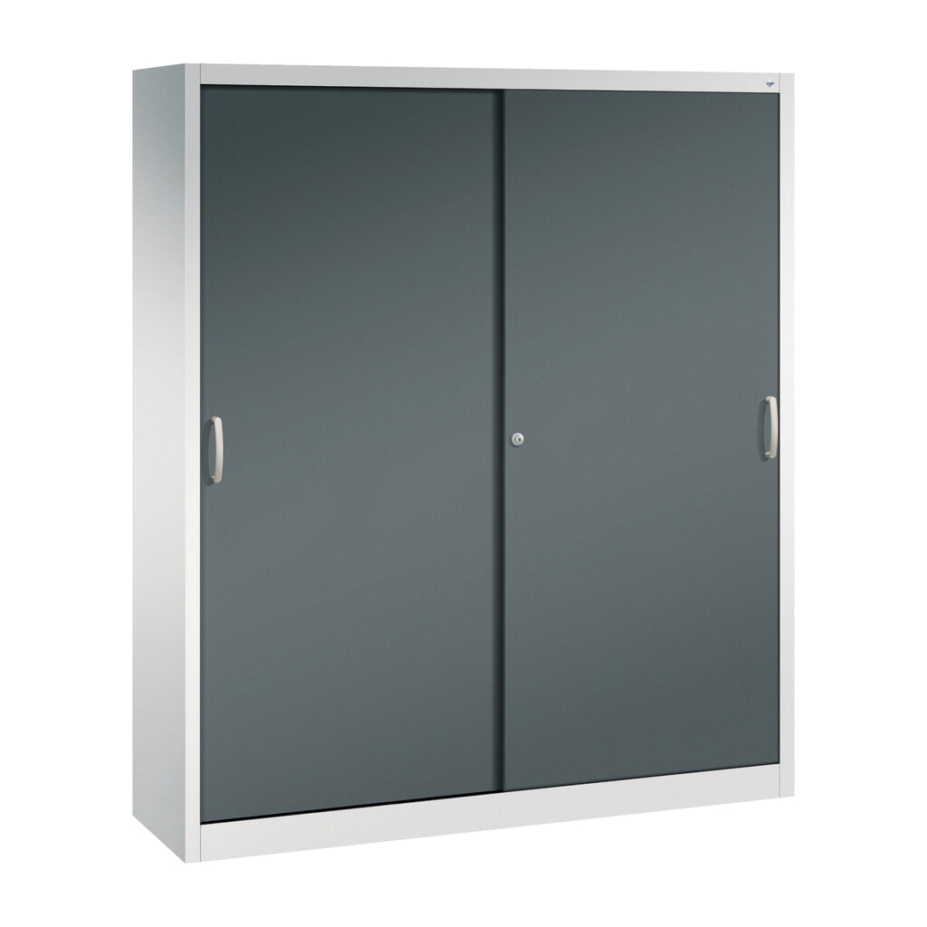 Product afbeelding: Werkplaatsschuifdeurkast C+P met 8 legborden, hxbxd 1.950 x 1.600 x 400 mm, scheidingswand, lichtgrijs, antracietgrijs