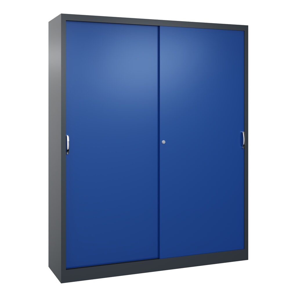 Werkplaatsschuifdeurkast C+P met 8 legborden, hxbxd 1.950 x 1.600 x 400 mm, scheidingswand, antracietgrijs, gentiaanblauw Product afbeelding: Werkplaatsschuifdeurkast C+P met 8 legborden, hxbxd 1.950 x 1.600 x 400 mm, scheidingswand, antracietgrijs, gentiaanblauw