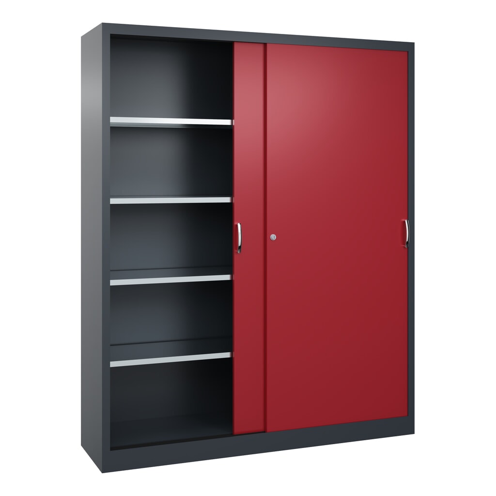 Werkplaatsschuifdeurkast C+P met 8 legborden, hxbxd 1.950 x 1.600 x 400 mm, scheidingswand, antracietgrijs, robijnrood Productafbeelding nr. 3: Werkplaatsschuifdeurkast C+P met 8 legborden, hxbxd 1.950 x 1.600 x 400 mm, scheidingswand, antracietgrijs, robijnrood