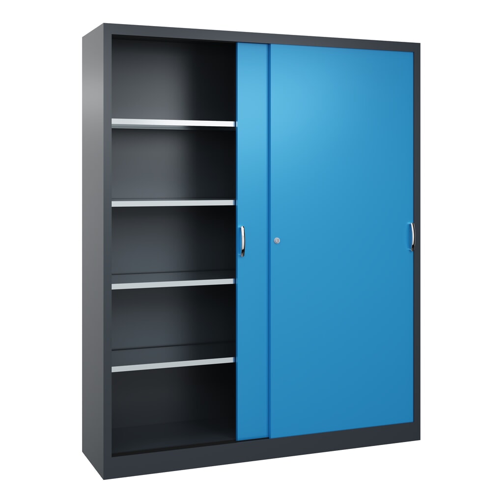 Werkplaatsschuifdeurkast C+P met 8 legborden, hxbxd 1.950 x 1.600 x 400 mm, scheidingswand, antracietgrijs, lichtblauw Productafbeelding nr. 3: Werkplaatsschuifdeurkast C+P met 8 legborden, hxbxd 1.950 x 1.600 x 400 mm, scheidingswand, antracietgrijs, lichtblauw