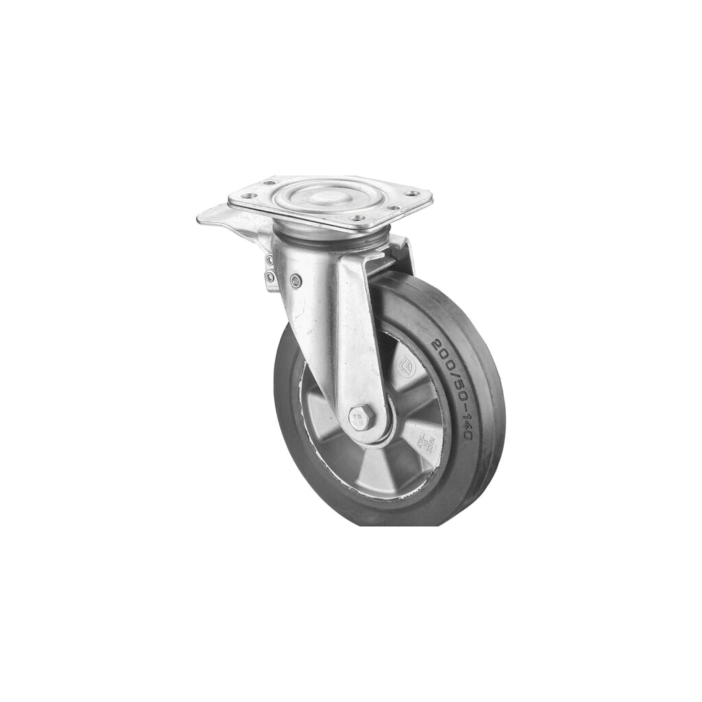 Wiel voor zware lasten elastisch rubber, zwenkwiel met parkeerrem, kogellager, plaat, Ø x breedte 250 x 50 mm, draagvermogen 550 kg