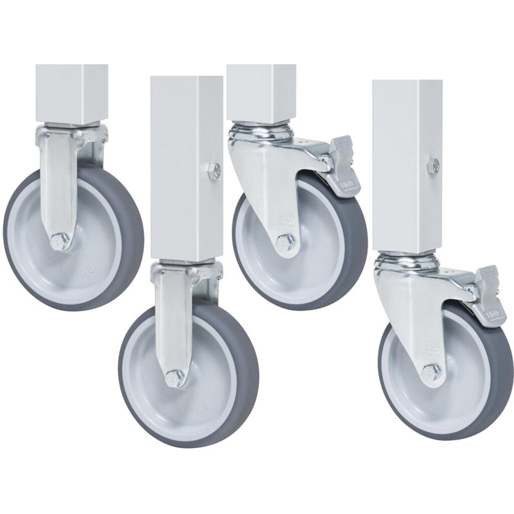 Wielset met expanderbevestiging voor werktafels RAU serie 900 en werkbanken serie 8000 met 2 bok- en 2 zwenkwielen met parkeerrem Product afbeelding: Wielset met expanderbevestiging voor werktafels RAU serie 900 en werkbanken serie 8000 met 2 bok- en 2 zwenkwielen met parkeerrem