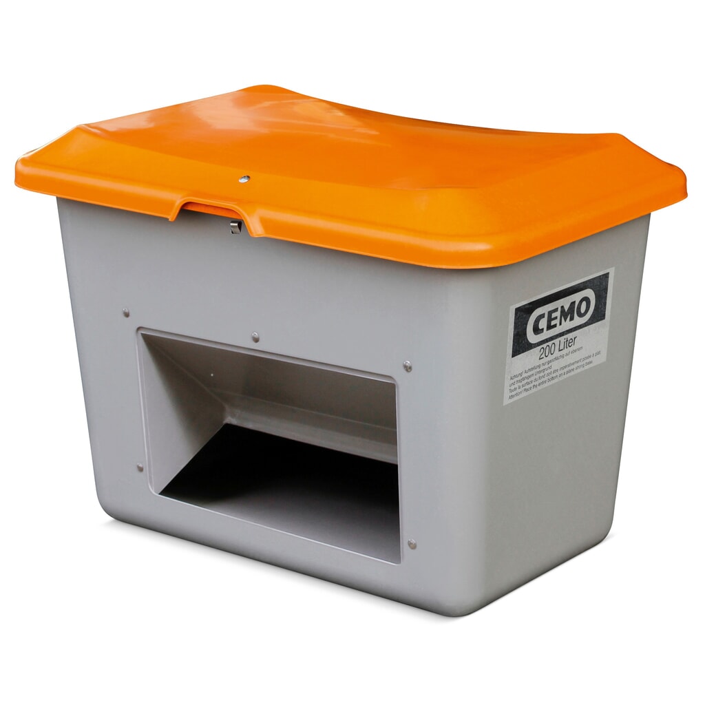 Zoutbak CEMO met uitschepopening, grijs/oranje, 200 liter Product afbeelding: Zoutbak CEMO met uitschepopening, grijs/oranje, 200 liter