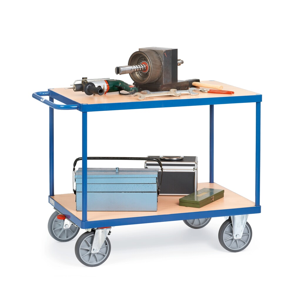 Zware tafel- en montagewagen fetra®, 2 etages van 600 x 1.000 mm, met centrale rem Product afbeelding: Zware tafel- en montagewagen fetra®, 2 etages van 600 x 1.000 mm, met centrale rem