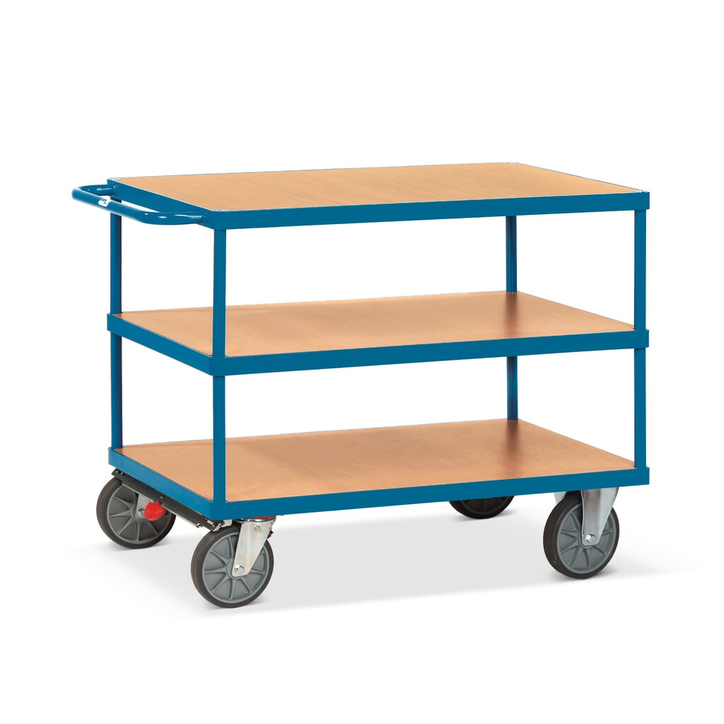 Zware tafel- en montagewagen fetra®, 3 etages van 800 x 1.200 mm, met centrale rem Product afbeelding: Zware tafel- en montagewagen fetra®, 3 etages van 800 x 1.200 mm, met centrale rem
