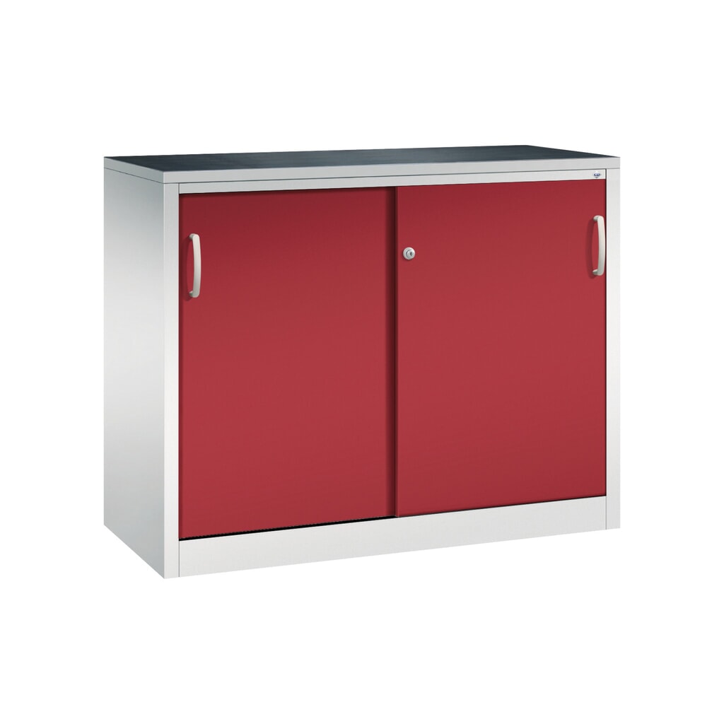 Zwarelast-schuifdeurenkast C+P, hxbxd 1.000 x 1.200 x 500 mm, lichtgrijs, robijnrood Product afbeelding: Zwarelast-schuifdeurenkast C+P, hxbxd 1.000 x 1.200 x 500 mm, lichtgrijs, robijnrood