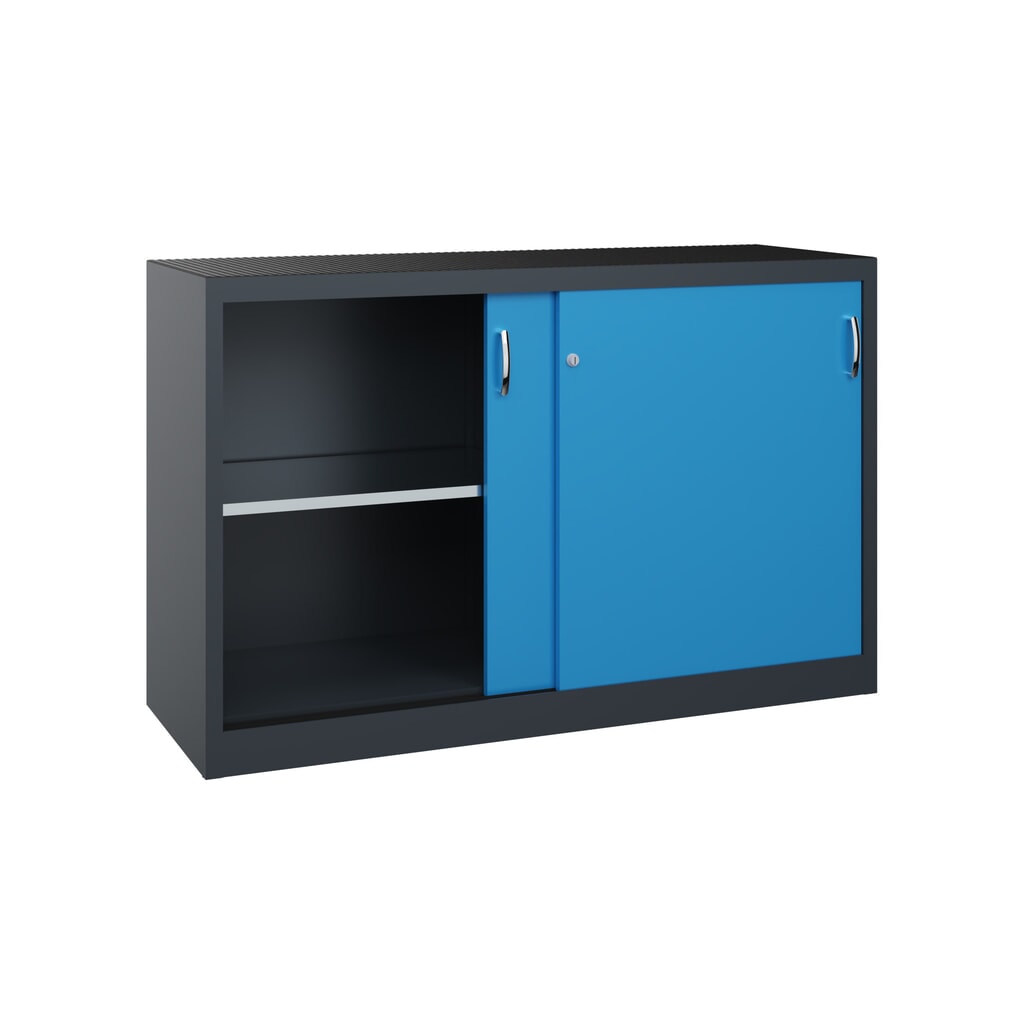 Zwarelast-schuifdeurenkast C+P, hxbxd 1.000 x 1.600 x 500 mm, antracietgrijs, lichtblauw Productafbeelding nr. 2: Zwarelast-schuifdeurenkast C+P, hxbxd 1.000 x 1.600 x 500 mm, antracietgrijs, lichtblauw