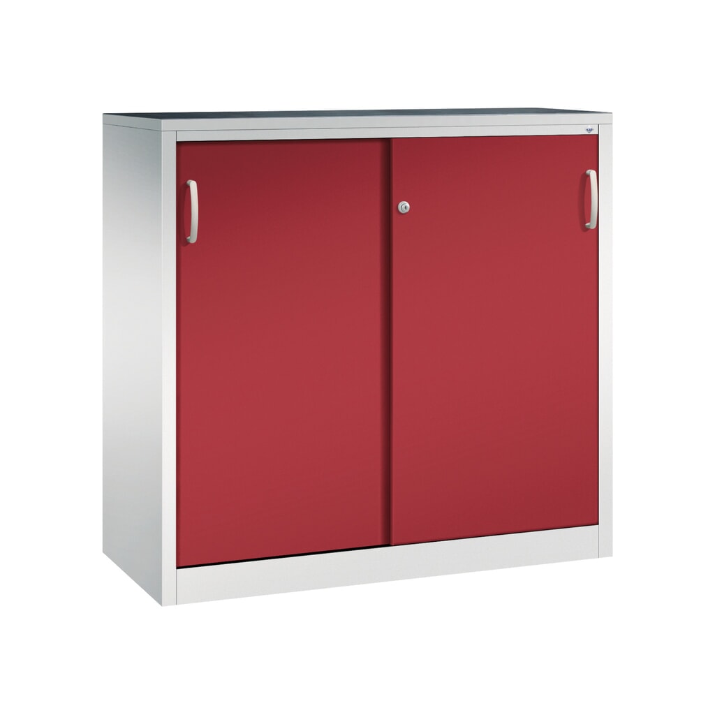 Zwarelast-schuifdeurenkast C+P, hxbxd 1.200 x 1.200 x 500 mm, lichtgrijs, robijnrood Product afbeelding: Zwarelast-schuifdeurenkast C+P, hxbxd 1.200 x 1.200 x 500 mm, lichtgrijs, robijnrood