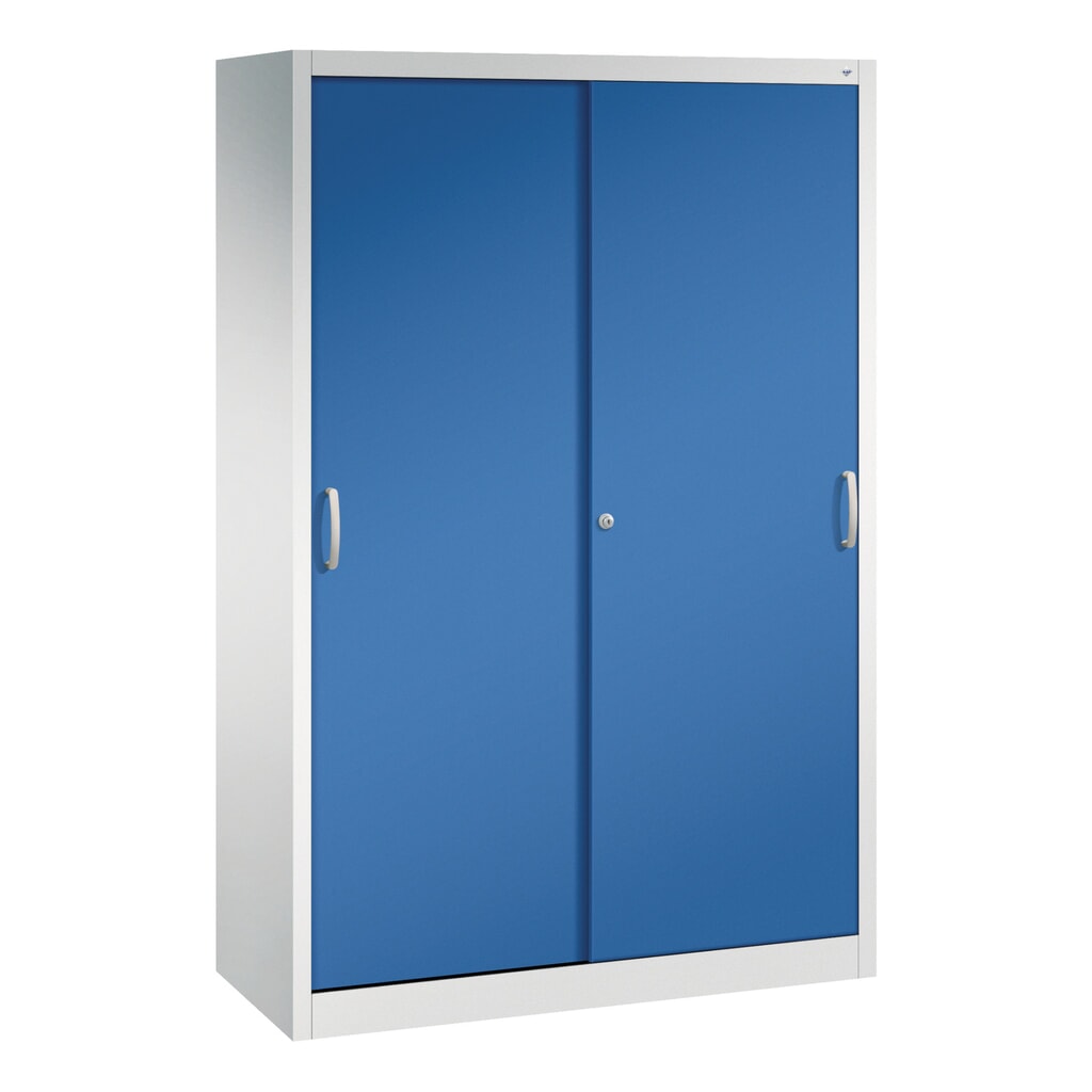 Zwarelast-schuifdeurenkast C+P, hxbxd 1.950 x 1.200 x 500 mm, lichtgrijs, gentiaanblauw Product afbeelding: Zwarelast-schuifdeurenkast C+P, hxbxd 1.950 x 1.200 x 500 mm, lichtgrijs, gentiaanblauw