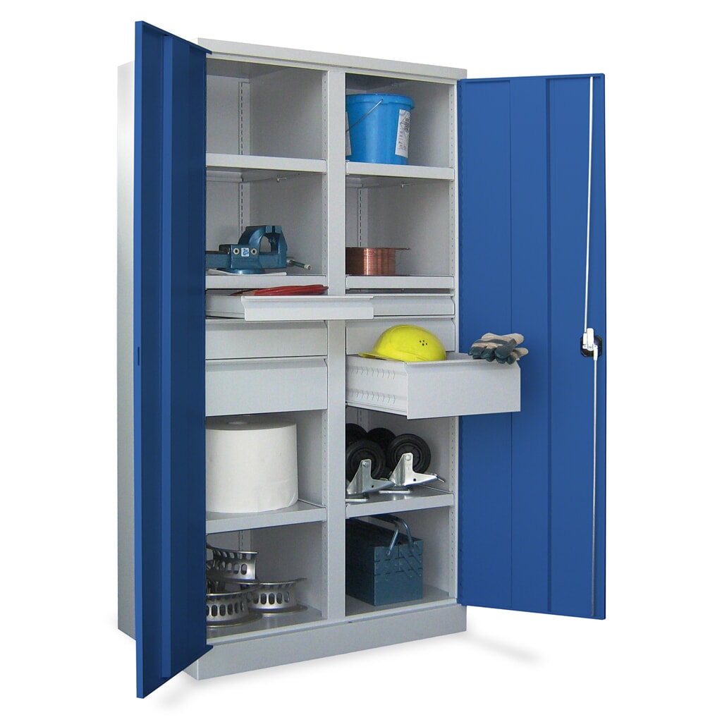 Zwarelastkast PAVOY Premium met middenwand, 6 legborden + laden 4x175 mm, gentiaanblauw, lichtgrijs Productafbeelding nr. 4: Zwarelastkast PAVOY Premium met middenwand, 6 legborden + laden 4x175 mm, gentiaanblauw, lichtgrijs