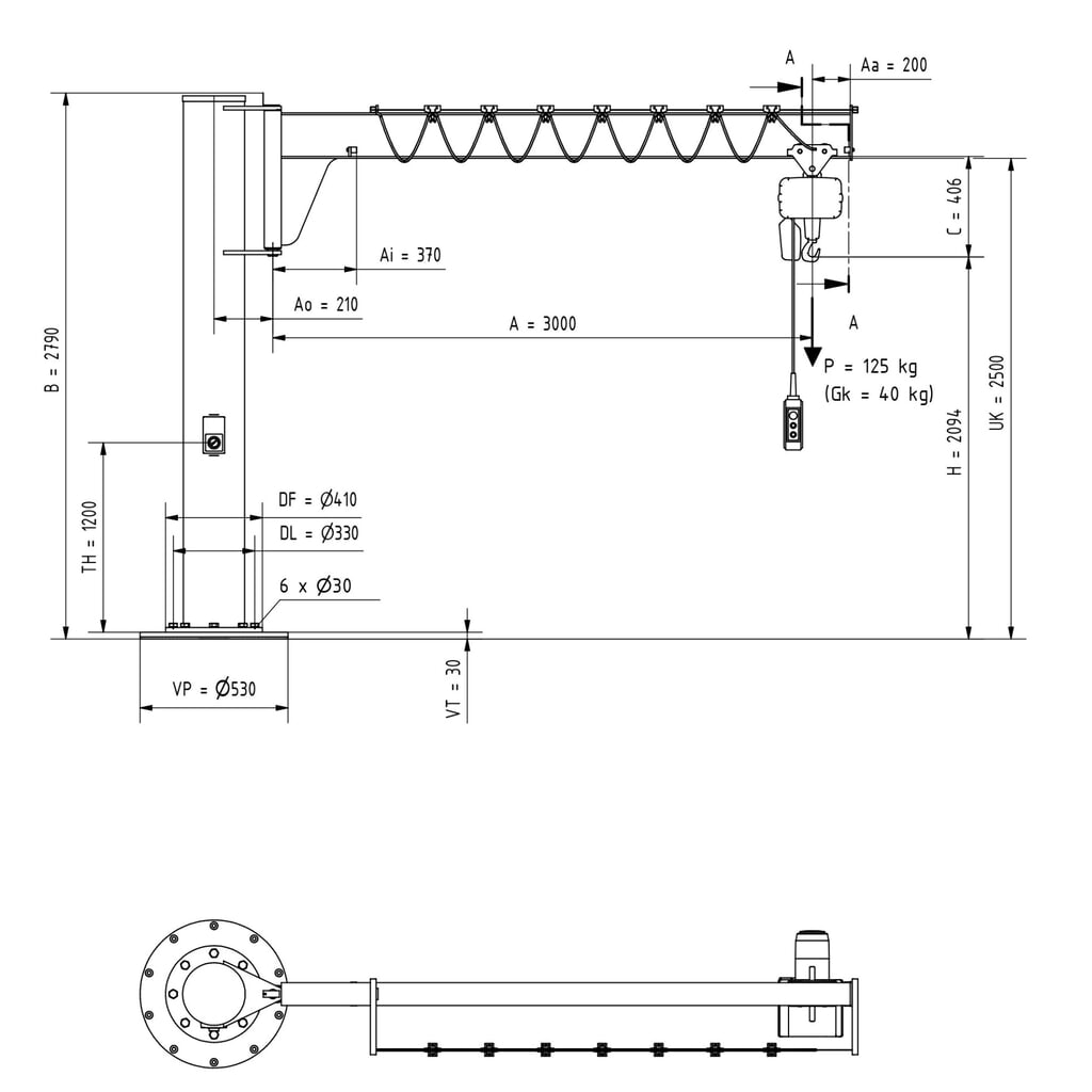 Productafbeelding nr. 3: Zwenkkraan VETTER® incl. elektrische takel LIFTKET, kolomuitvoering, lage constructie, incl. bevestigingsmateriaal, reikwijdte 3.000 mm, draagvermogen 125 kg